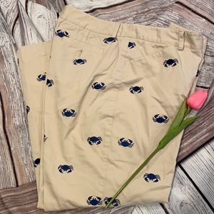 Lilly Pulitzer khaki capris with navy crabs.